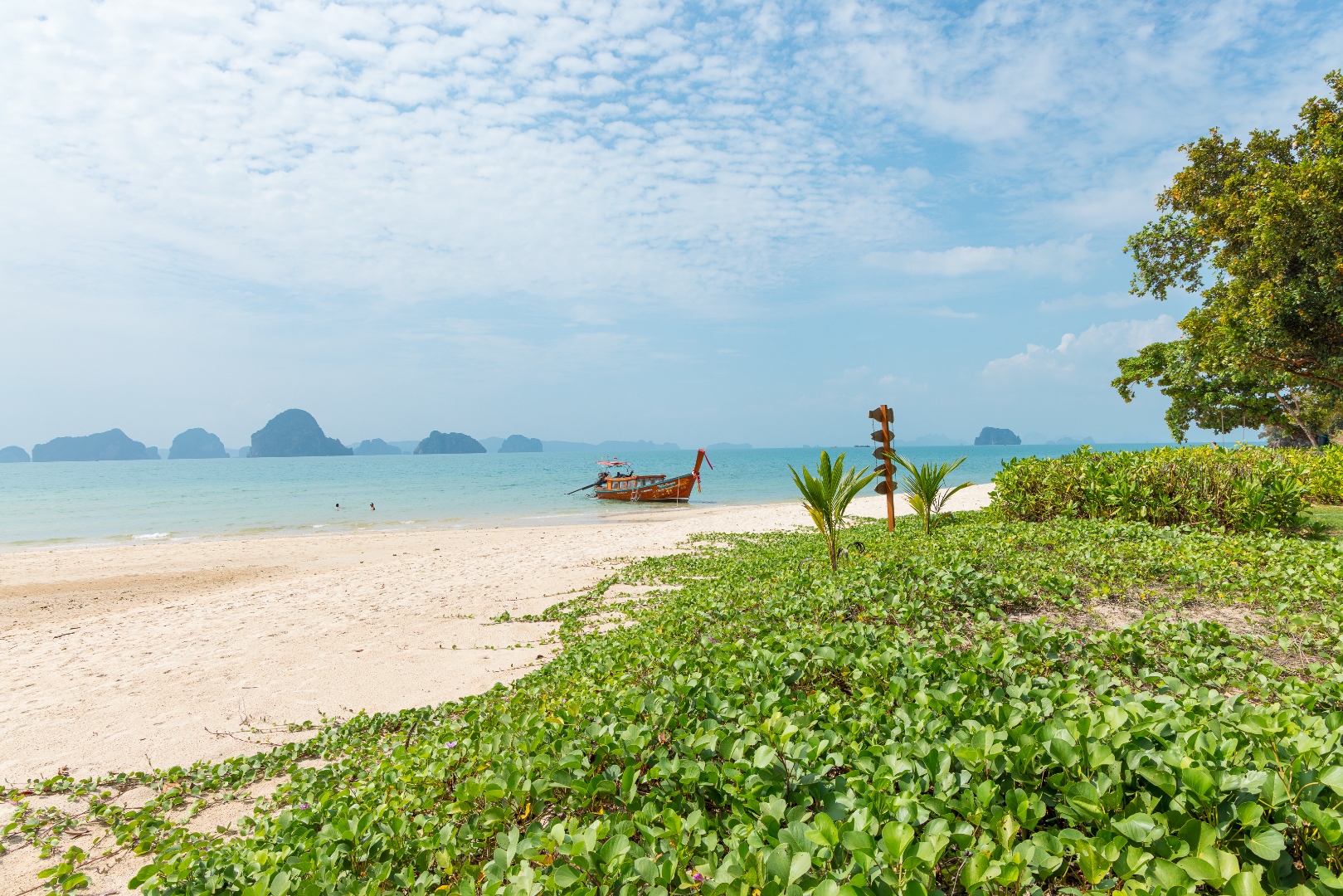 White-sand beach with longtail boat, lush green ground cover and a wooden signpost, karst islands in background — landscape photography