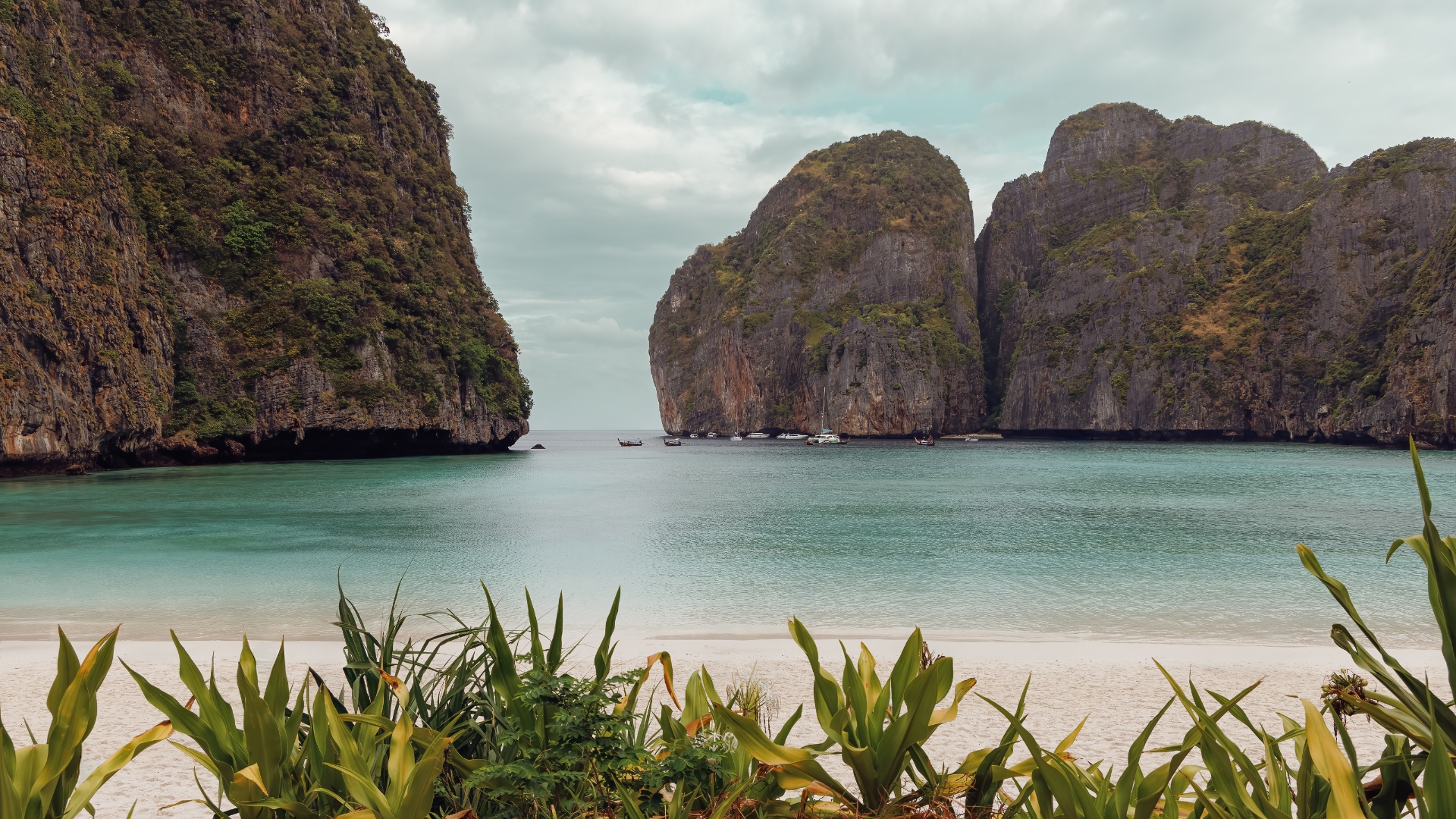 Maya Bay — turquoise water and white sand framed by towering limestone cliffs, Phi Phi Islands, Thailand — landscape photography