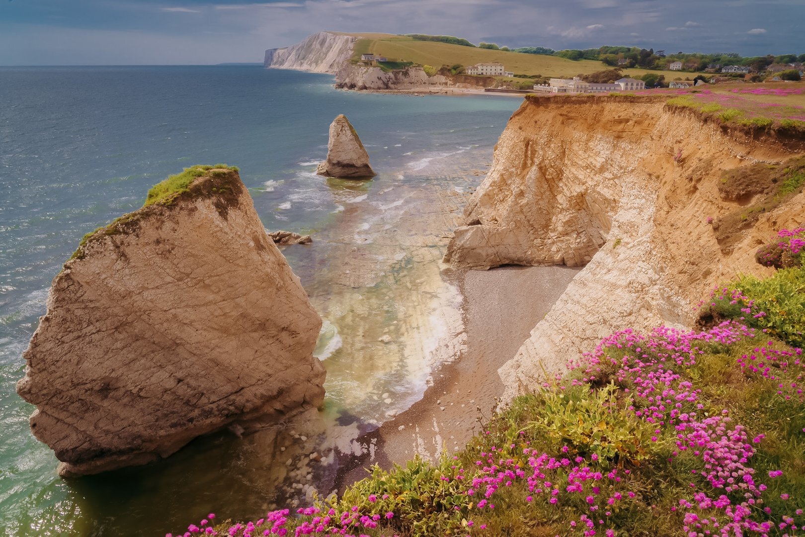 Freshwater Bay with pink sea thrift flowers and chalk sea stacks, Isle of Wight — landscape photography by Samuel John Ford