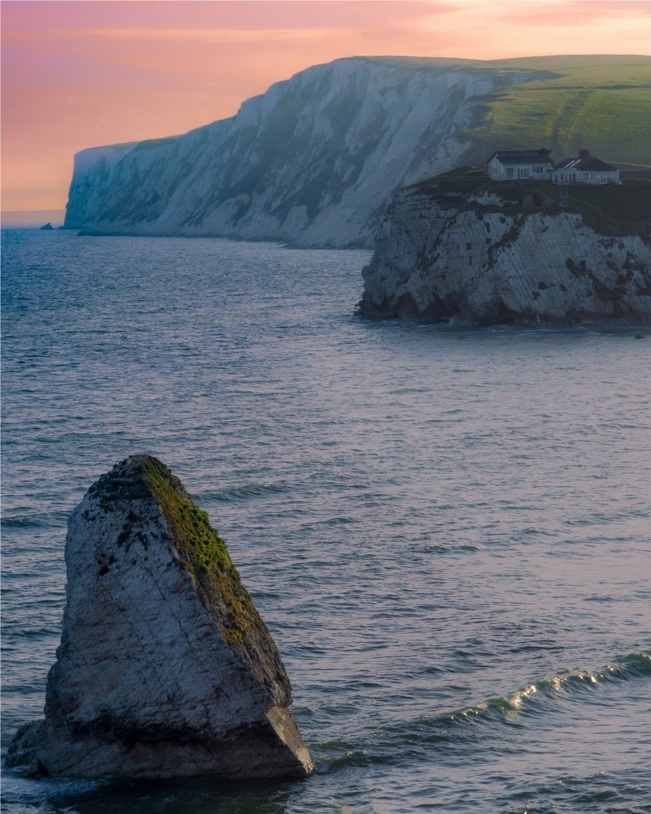 Freshwater Bay sea stack at pink sunset, Isle of Wight