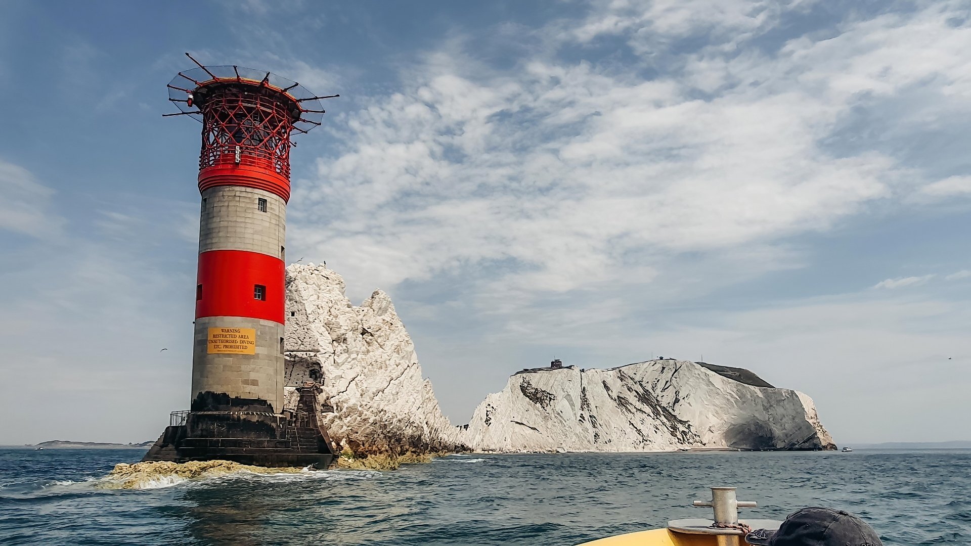The Needles Lighthouse from a boat tour, Isle of Wight