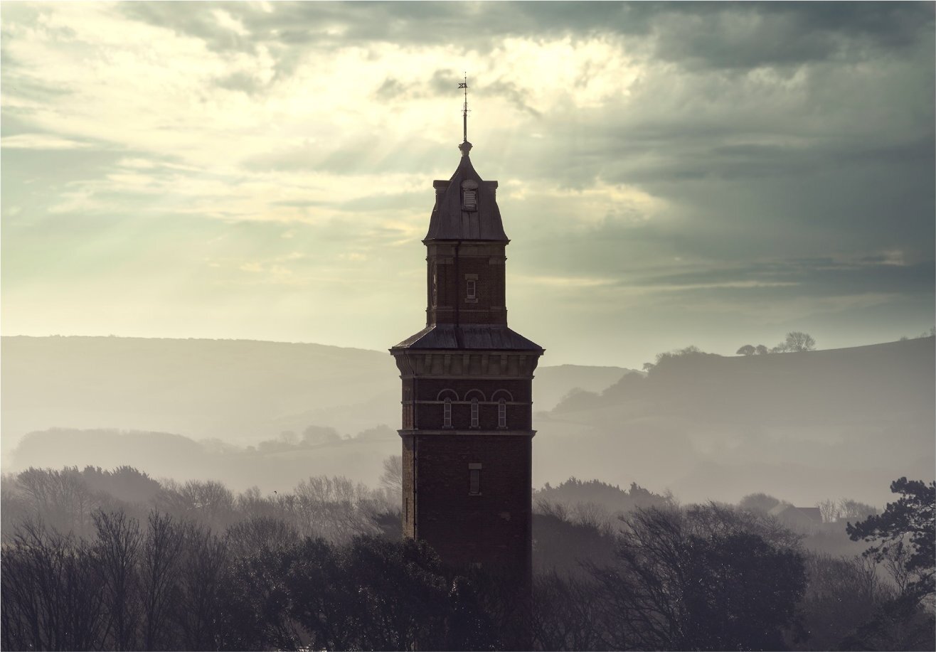 Victorian water tower in morning mist, Isle of Wight