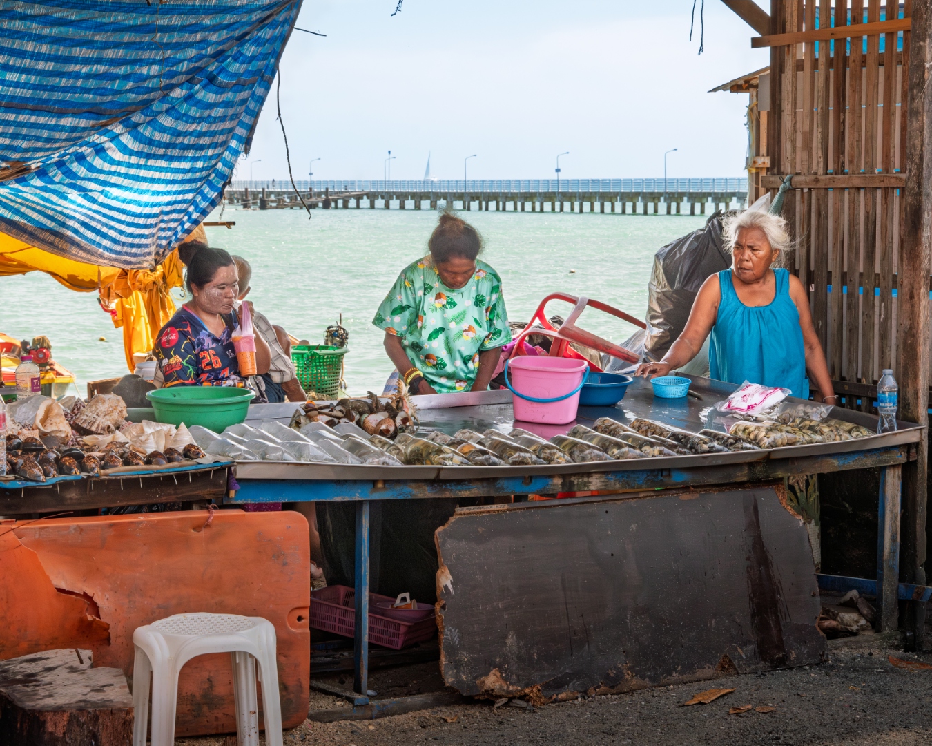 Women preparing seafood at a harbourside market stall, Thai coastal life — documentary photography